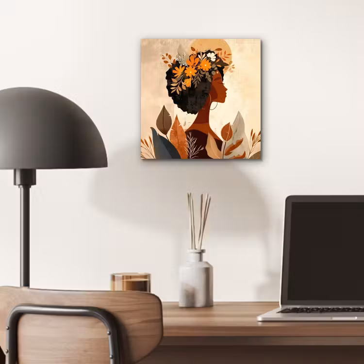 Aluminium schilderij - Vrouw - Krullen - Bloemen - Beige — 6