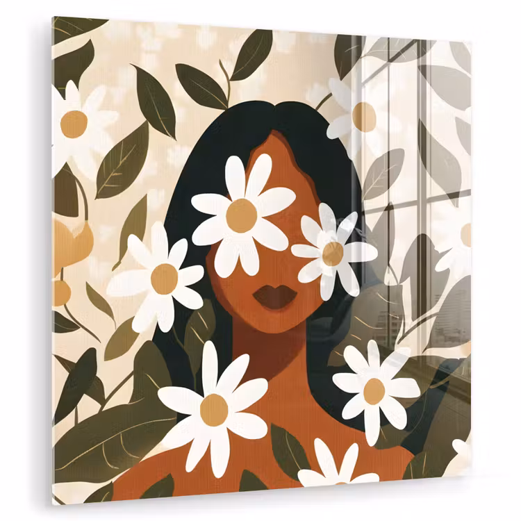 Glas schilderij - Illustratie - Vrouw - Madeliefjes - Wit — 1