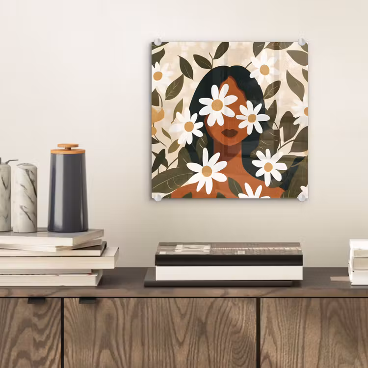 Glas schilderij - Illustratie - Vrouw - Madeliefjes - Wit — 2