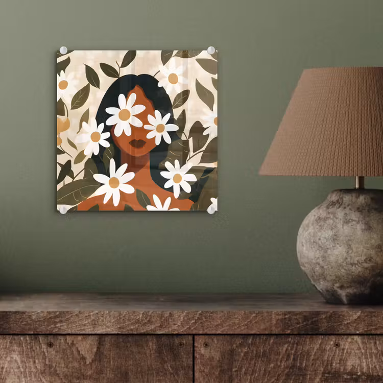Glas schilderij - Illustratie - Vrouw - Madeliefjes - Wit — 4
