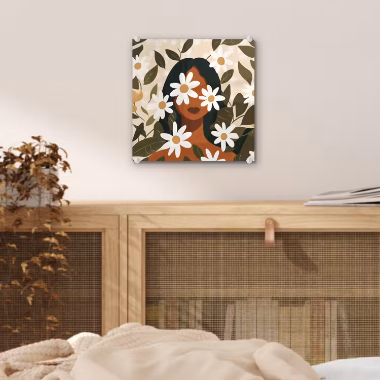 Glas schilderij - Illustratie - Vrouw - Madeliefjes - Wit — 5