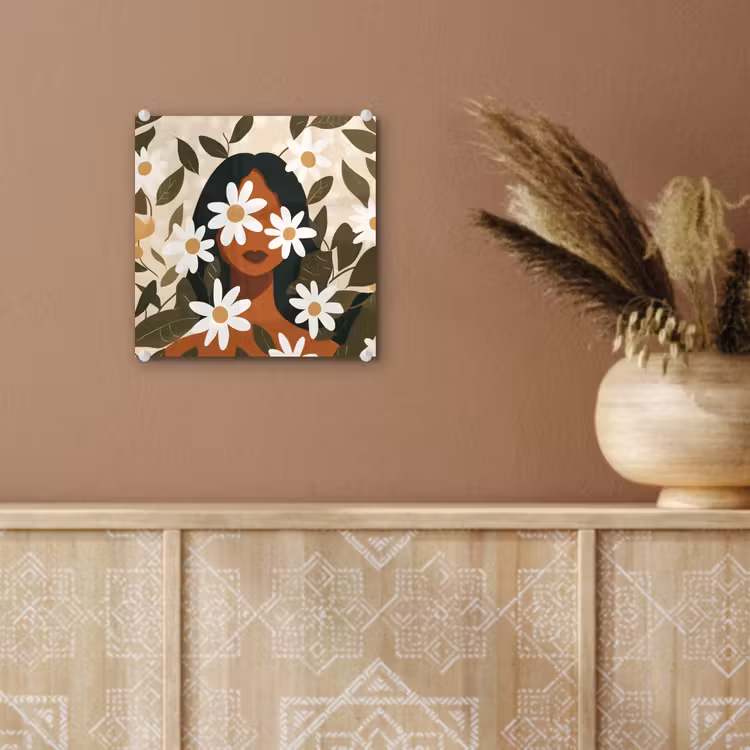 Glas schilderij - Illustratie - Vrouw - Madeliefjes - Wit — 6