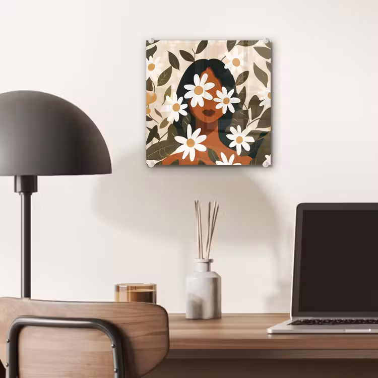 Glas schilderij - Illustratie - Vrouw - Madeliefjes - Wit — 7