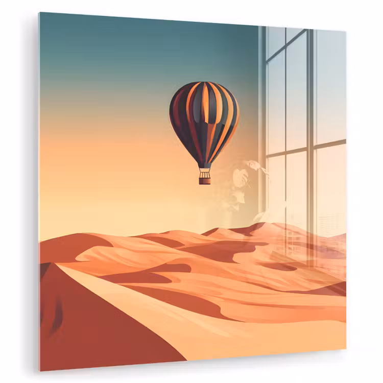 Glas schilderij - Luchtballon - Woestijn - Zonsondergang - Blauw — 1