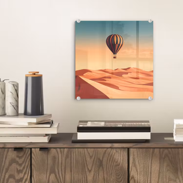Glas schilderij - Luchtballon - Woestijn - Zonsondergang - Blauw — 2