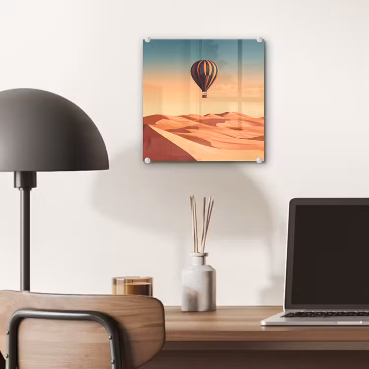 Glas schilderij - Luchtballon - Woestijn - Zonsondergang - Blauw — 7