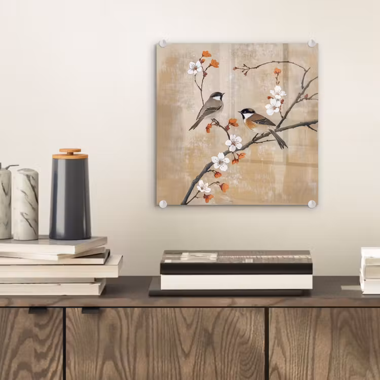 Glas schilderij - Vogels - Bloesemtak - Bloemen - Oranje — 2