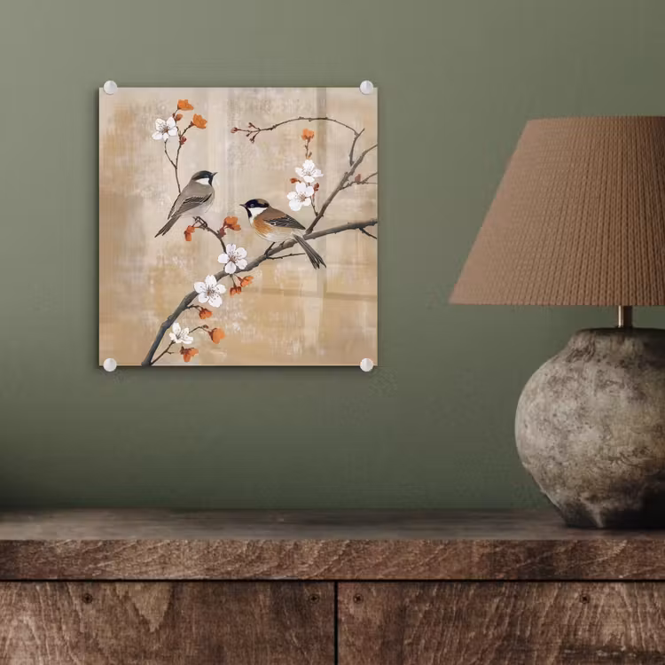Glas schilderij - Vogels - Bloesemtak - Bloemen - Oranje — 4