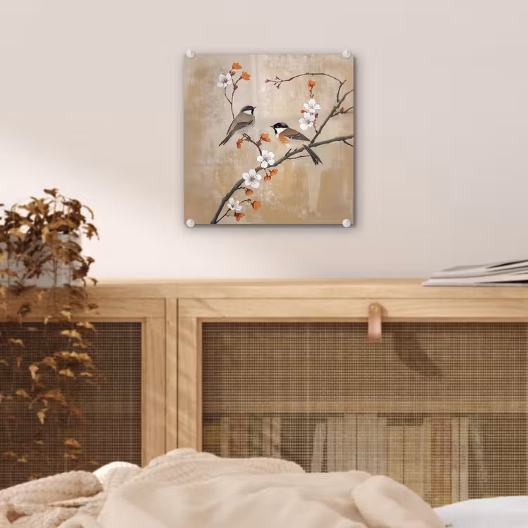 Glas schilderij - Vogels - Bloesemtak - Bloemen - Oranje — 5