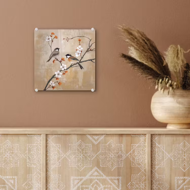 Glas schilderij - Vogels - Bloesemtak - Bloemen - Oranje — 6