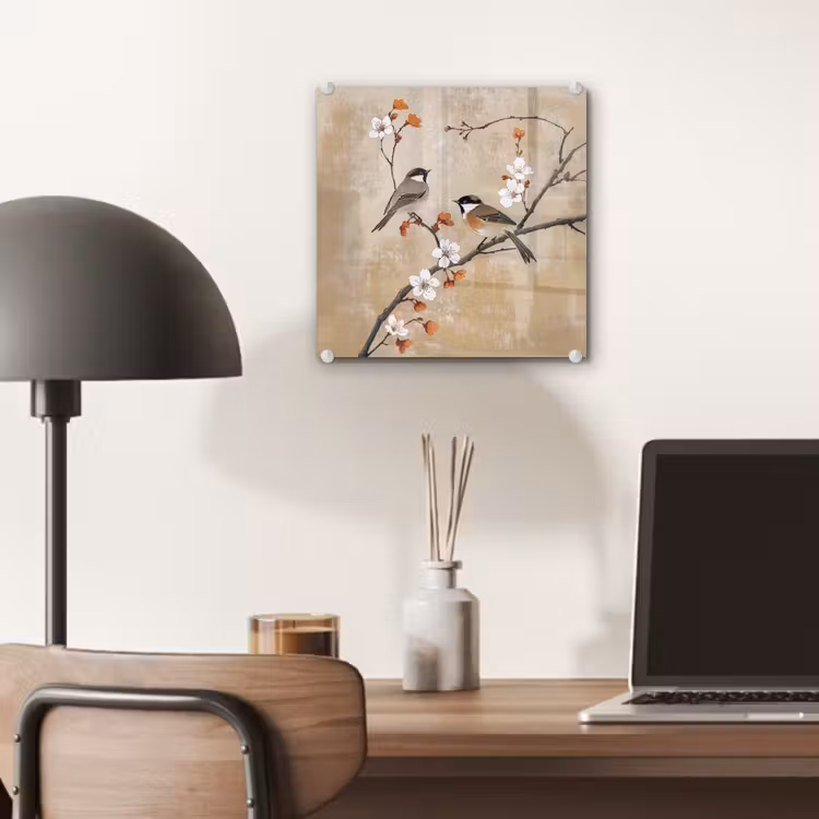 Glas schilderij - Vogels - Bloesemtak - Bloemen - Oranje — 7