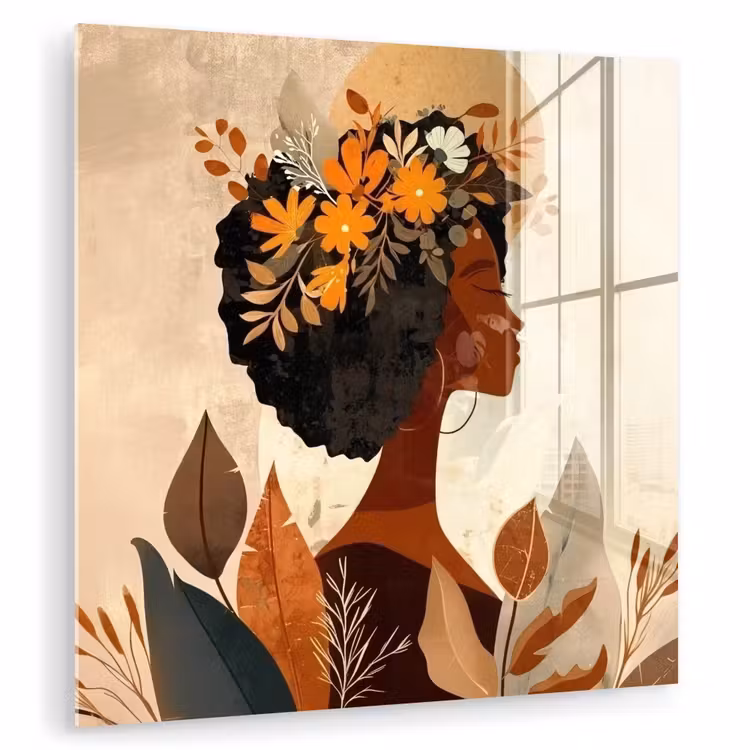 Glas schilderij - Vrouw - Krullen - Bloemen - Beige — 1