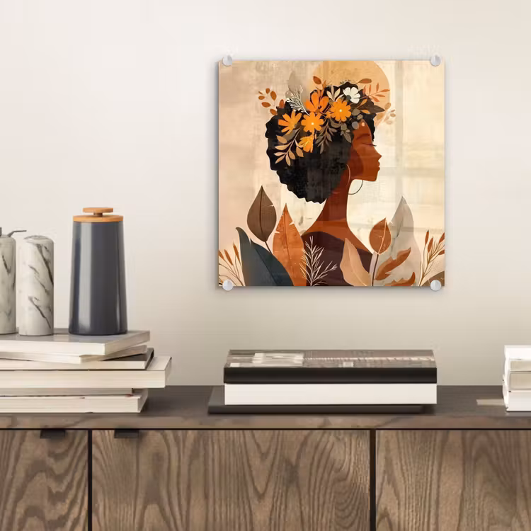 Glas schilderij - Vrouw - Krullen - Bloemen - Beige — 2