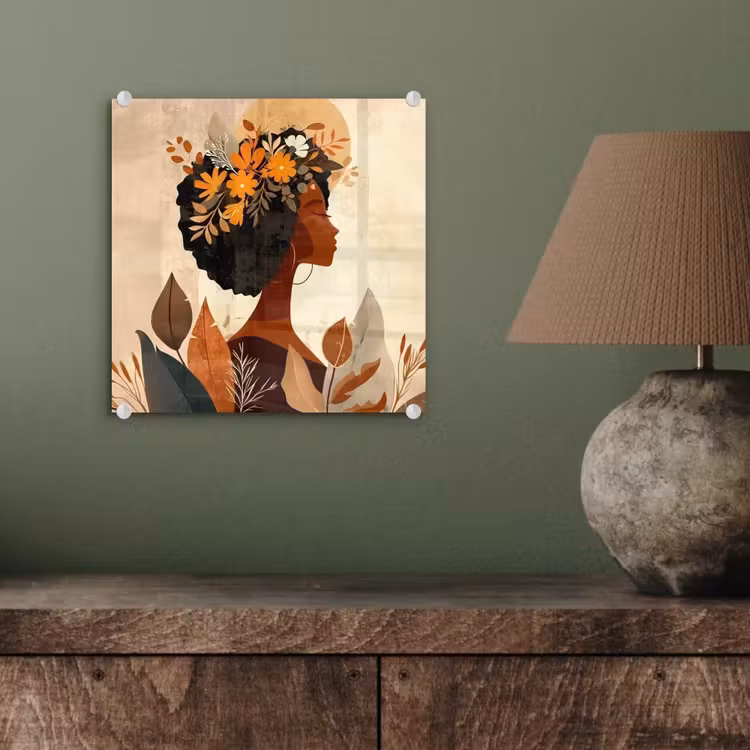 Glas schilderij - Vrouw - Krullen - Bloemen - Beige — 4