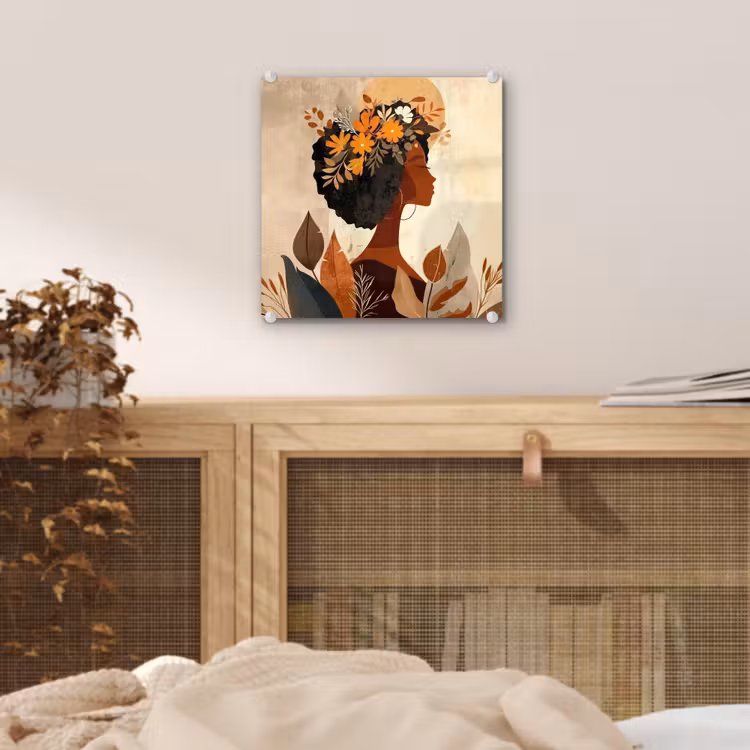 Glas schilderij - Vrouw - Krullen - Bloemen - Beige — 5