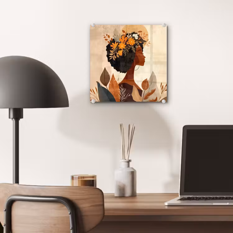 Glas schilderij - Vrouw - Krullen - Bloemen - Beige — 7