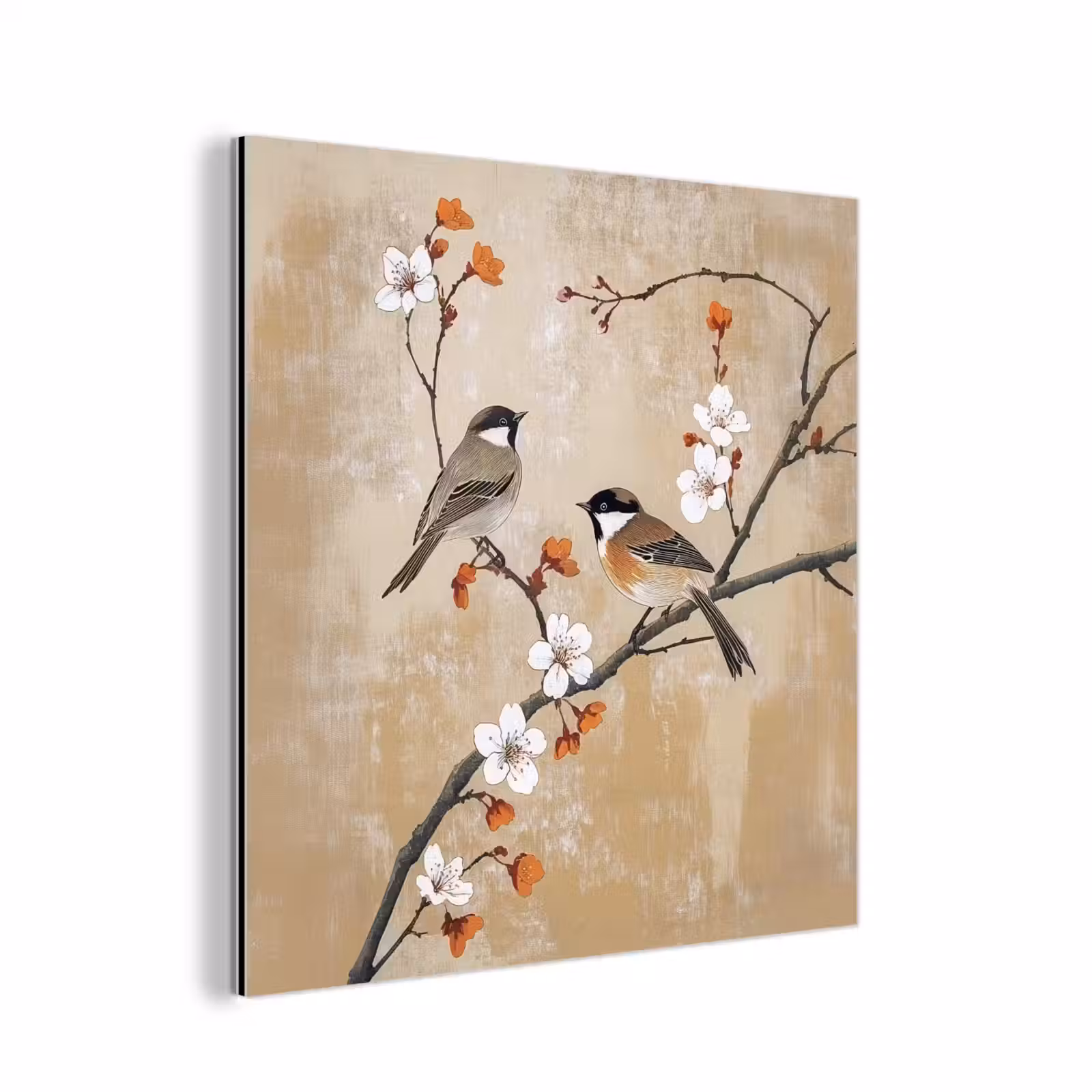 Aluminium schilderij - Vogels - Bloesemtak - Bloemen - Oranje — 1