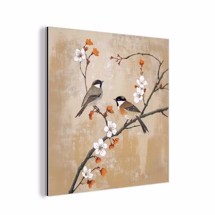 Aluminium schilderij - Vogels - Bloesemtak - Bloemen - Oranje — 1