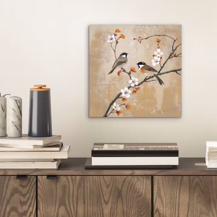 Aluminium schilderij - Vogels - Bloesemtak - Bloemen - Oranje — 2