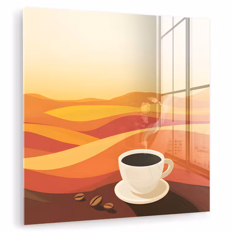 Glas schilderij - Koffie - Landschap - Oranje - Koffiebonen — 1