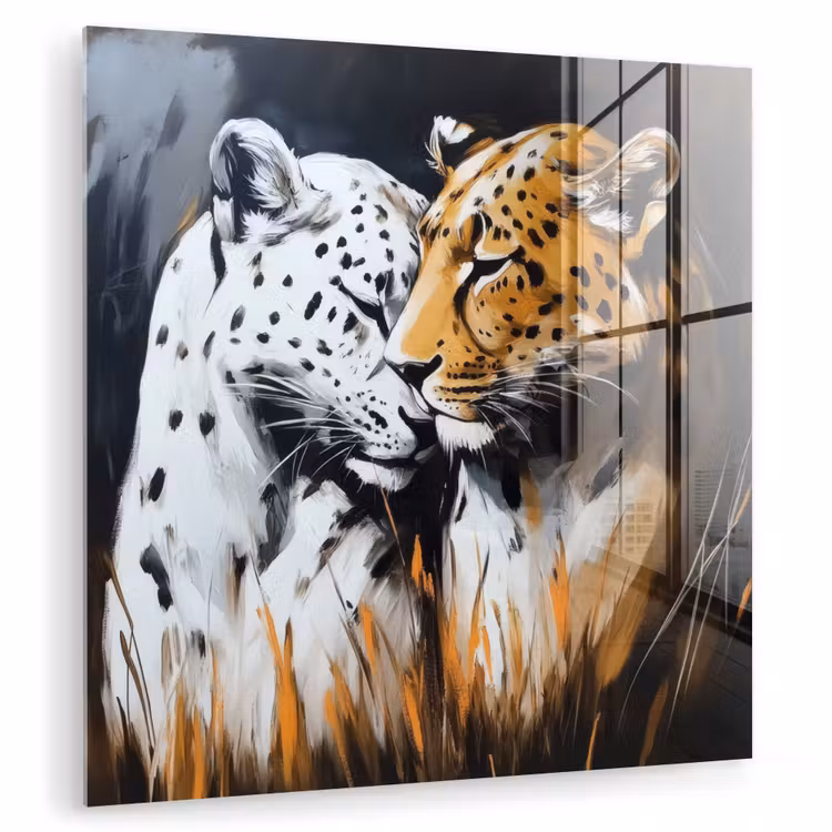 Glas schilderij - Luipaard - Oranje - Wit - Gras — 1