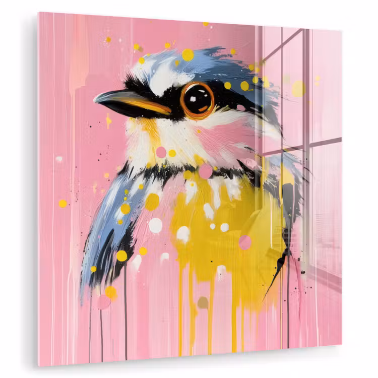 Glas schilderij - Vogel - Roze - Geel - Blauw — 1