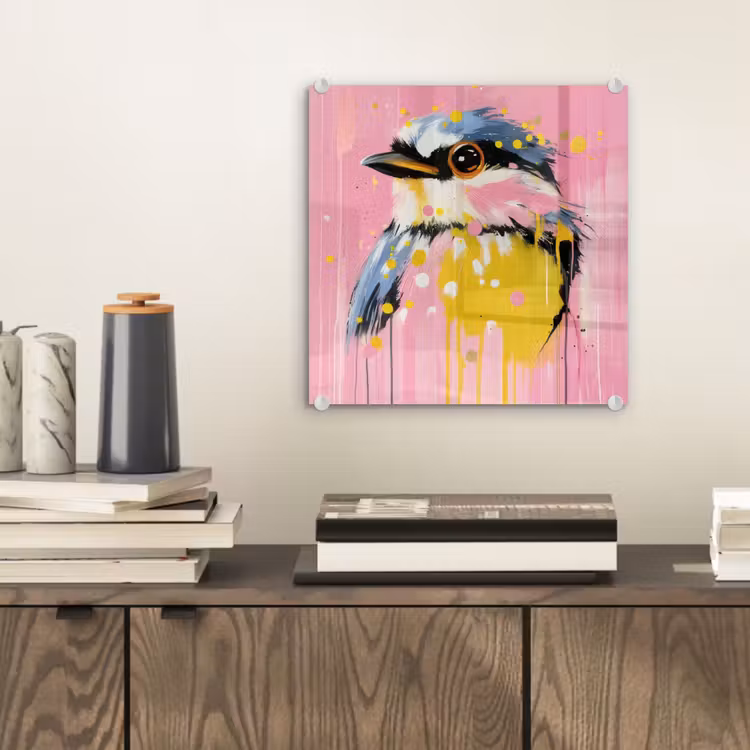 Glas schilderij - Vogel - Roze - Geel - Blauw — 2