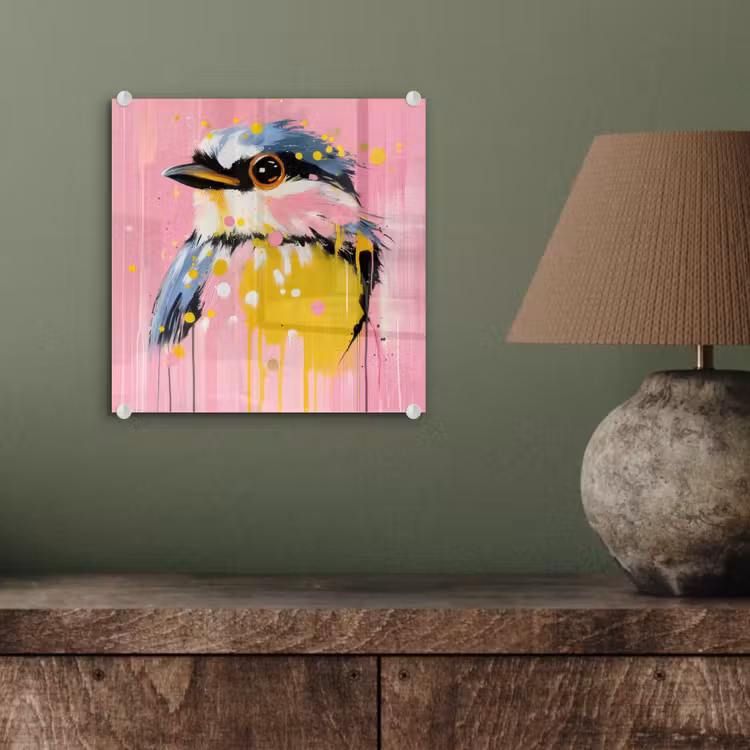 Glas schilderij - Vogel - Roze - Geel - Blauw — 4