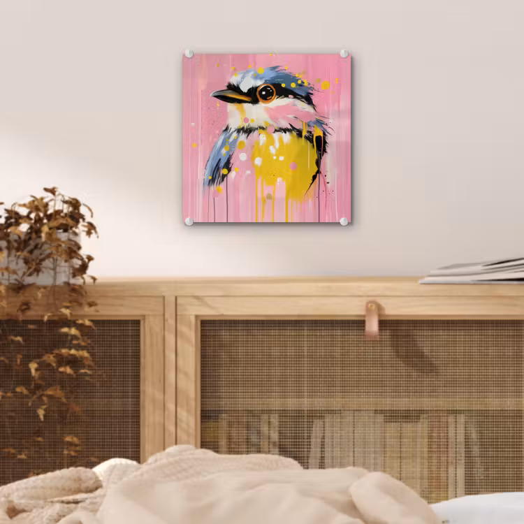 Glas schilderij - Vogel - Roze - Geel - Blauw — 5