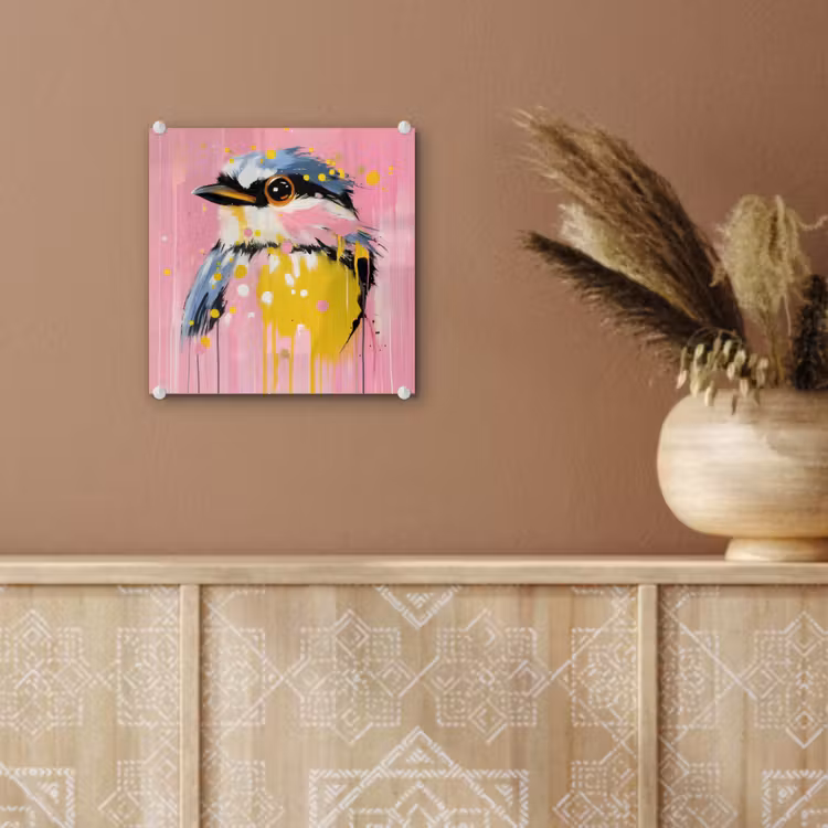 Glas schilderij - Vogel - Roze - Geel - Blauw — 6