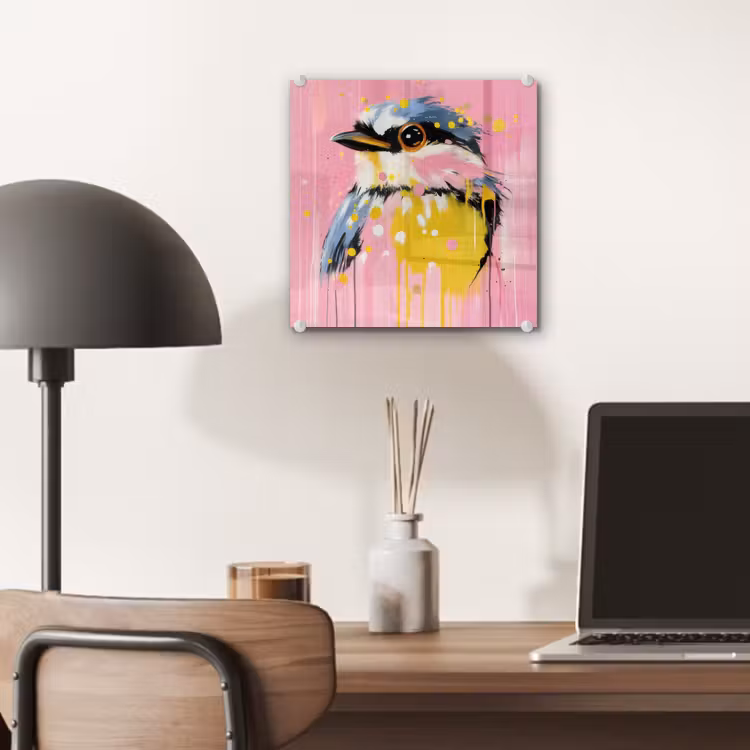 Glas schilderij - Vogel - Roze - Geel - Blauw — 7