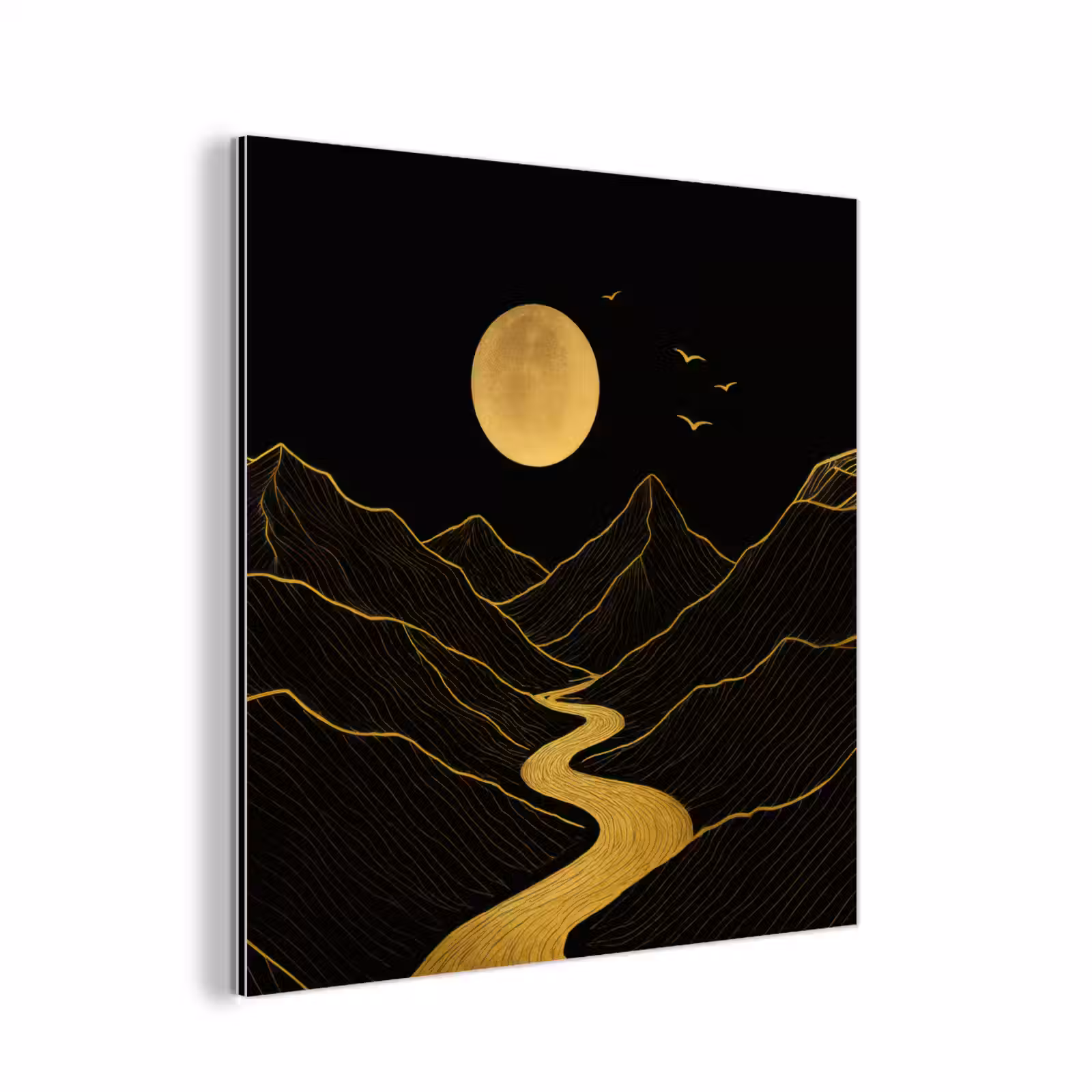 Aluminium schilderij - Rivier - Goud - Maan - Vogels — 1
