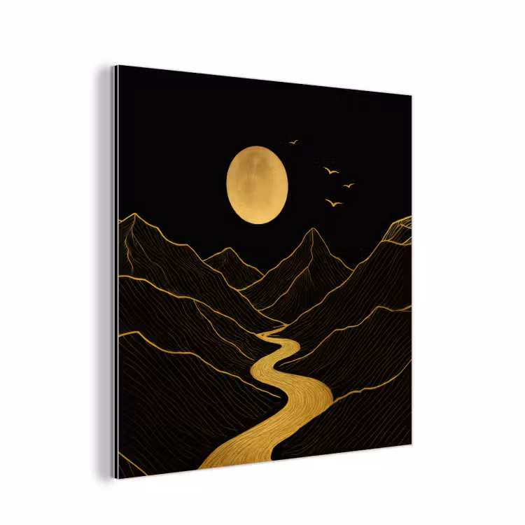 Aluminium schilderij - Rivier - Goud - Maan - Vogels — 1