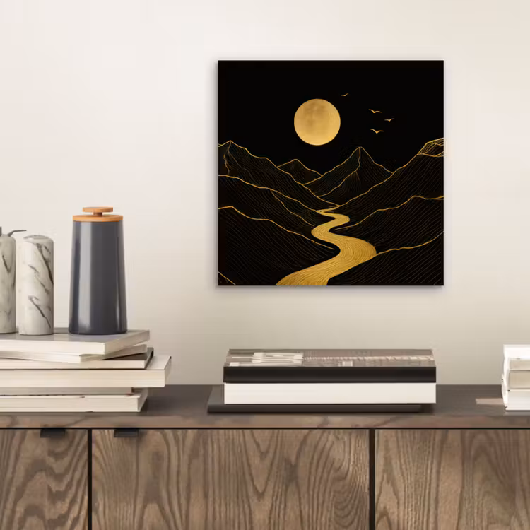 Aluminium schilderij - Rivier - Goud - Maan - Vogels — 2