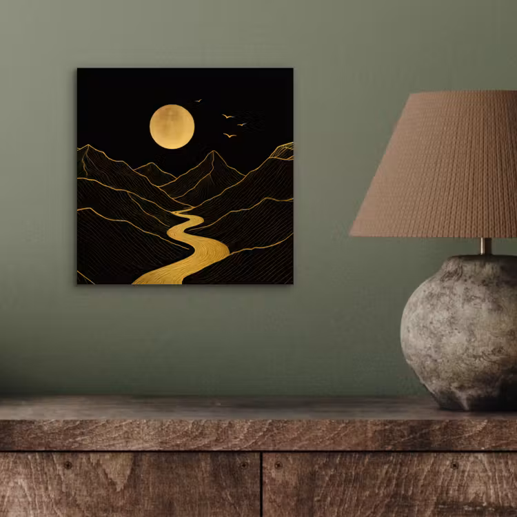 Aluminium schilderij - Rivier - Goud - Maan - Vogels — 3