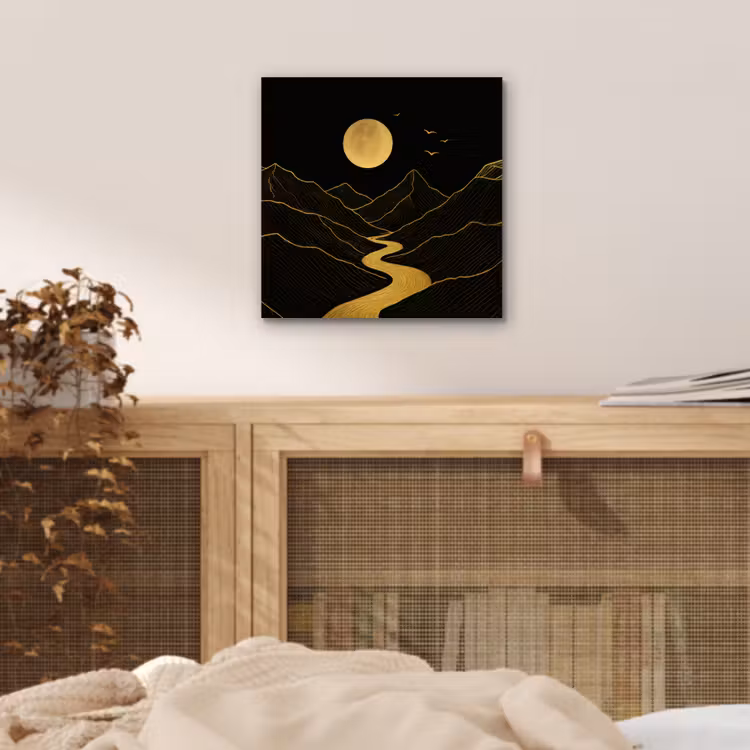 Aluminium schilderij - Rivier - Goud - Maan - Vogels — 4