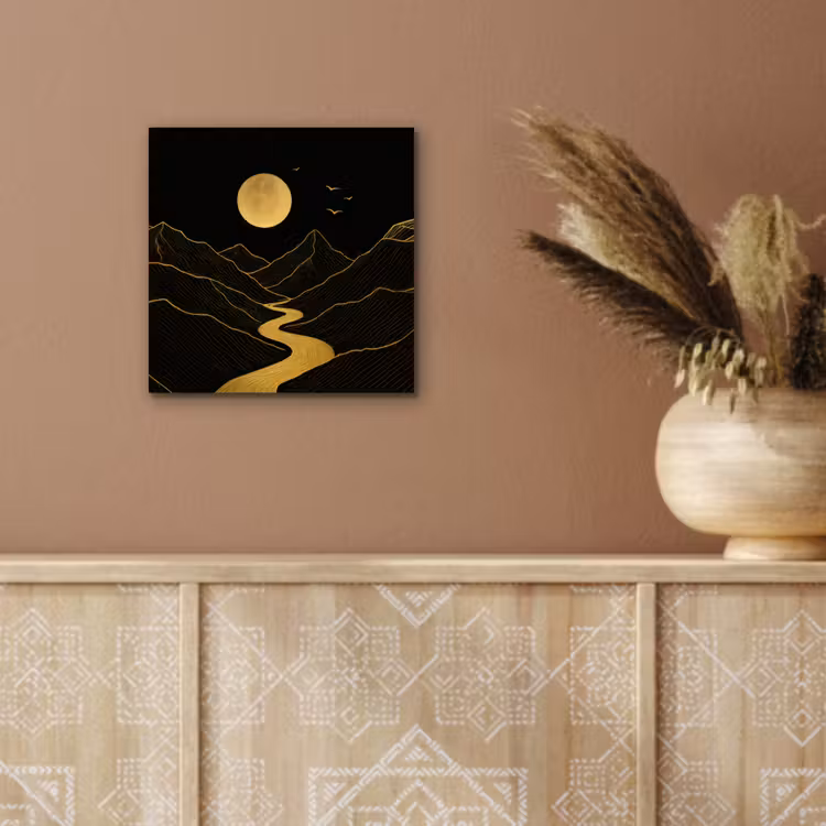 Aluminium schilderij - Rivier - Goud - Maan - Vogels — 5