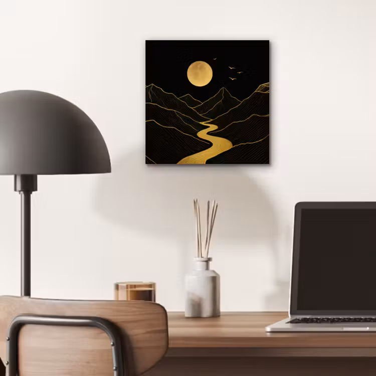 Aluminium schilderij - Rivier - Goud - Maan - Vogels — 6