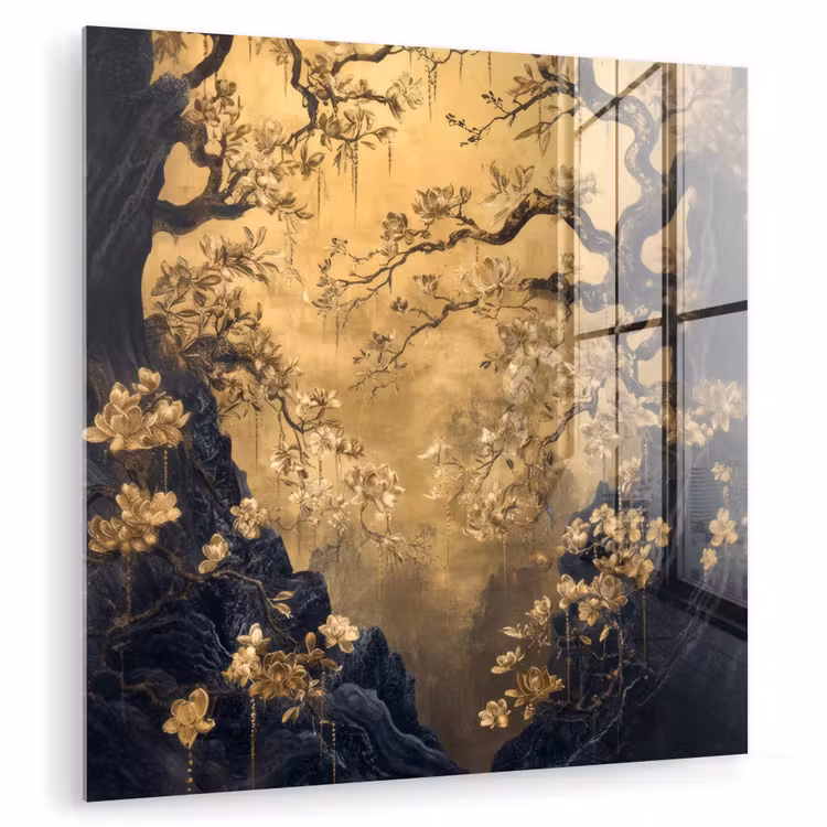 Glas schilderij - Bloemen - Takken - Goud - Sierlijk — 1