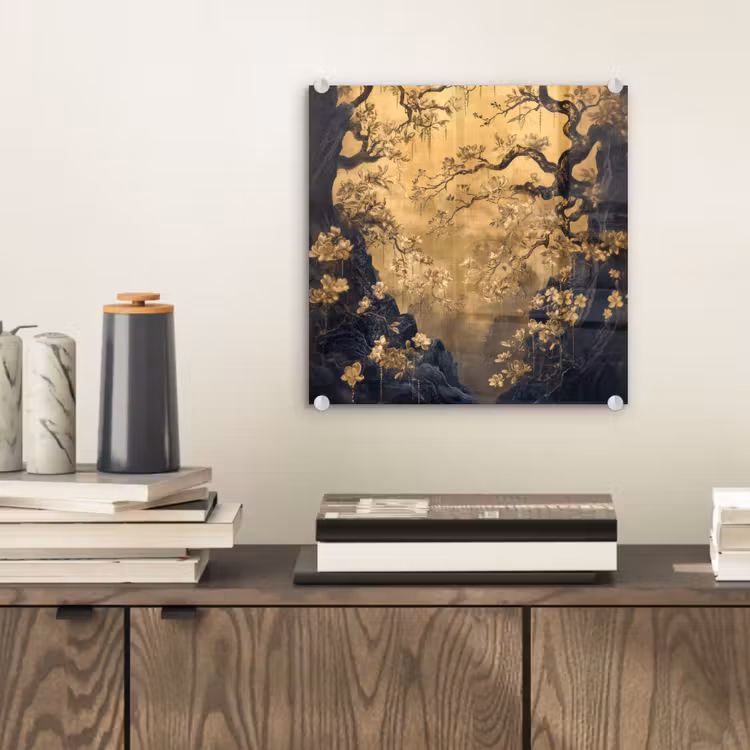 Glas schilderij - Bloemen - Takken - Goud - Sierlijk — 2