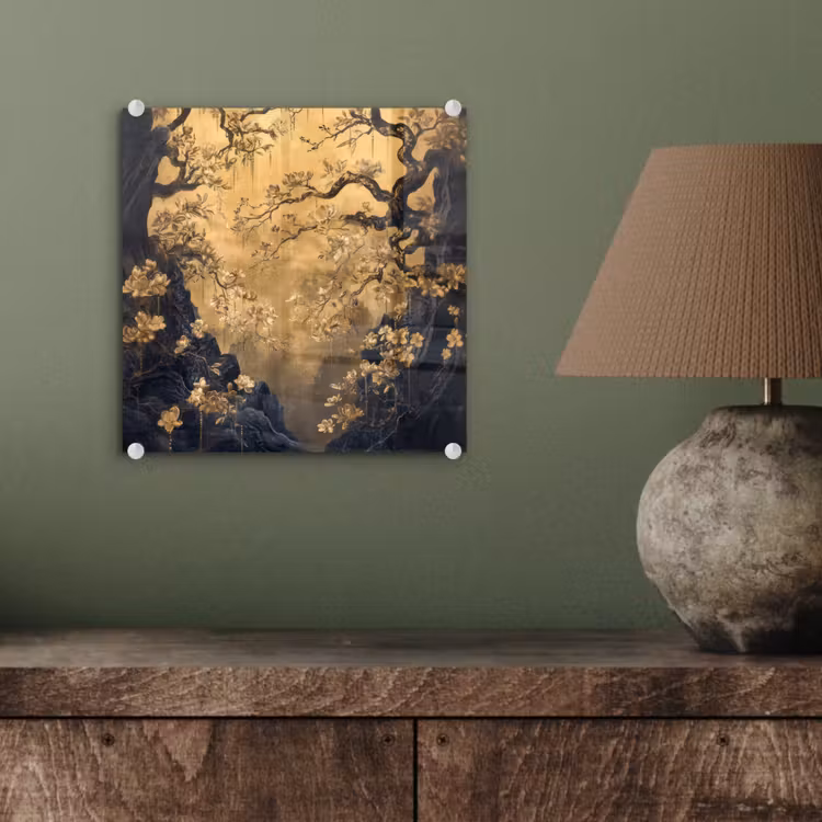 Glas schilderij - Bloemen - Takken - Goud - Sierlijk — 4