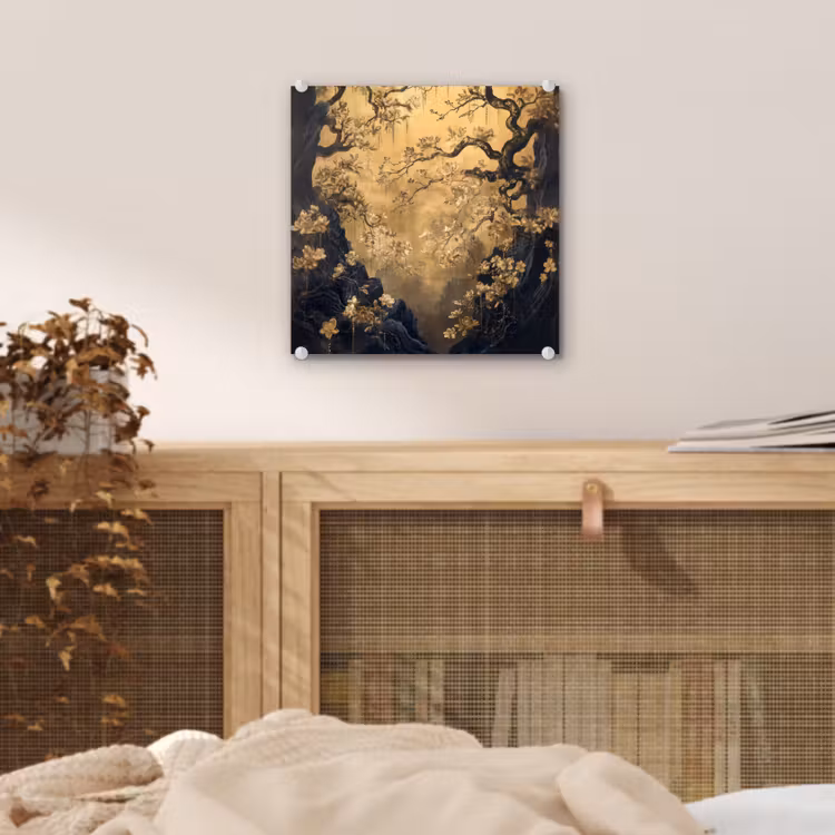 Glas schilderij - Bloemen - Takken - Goud - Sierlijk — 5