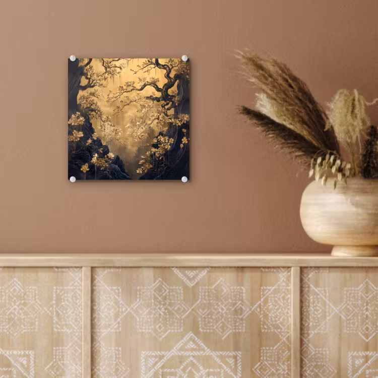 Glas schilderij - Bloemen - Takken - Goud - Sierlijk — 6