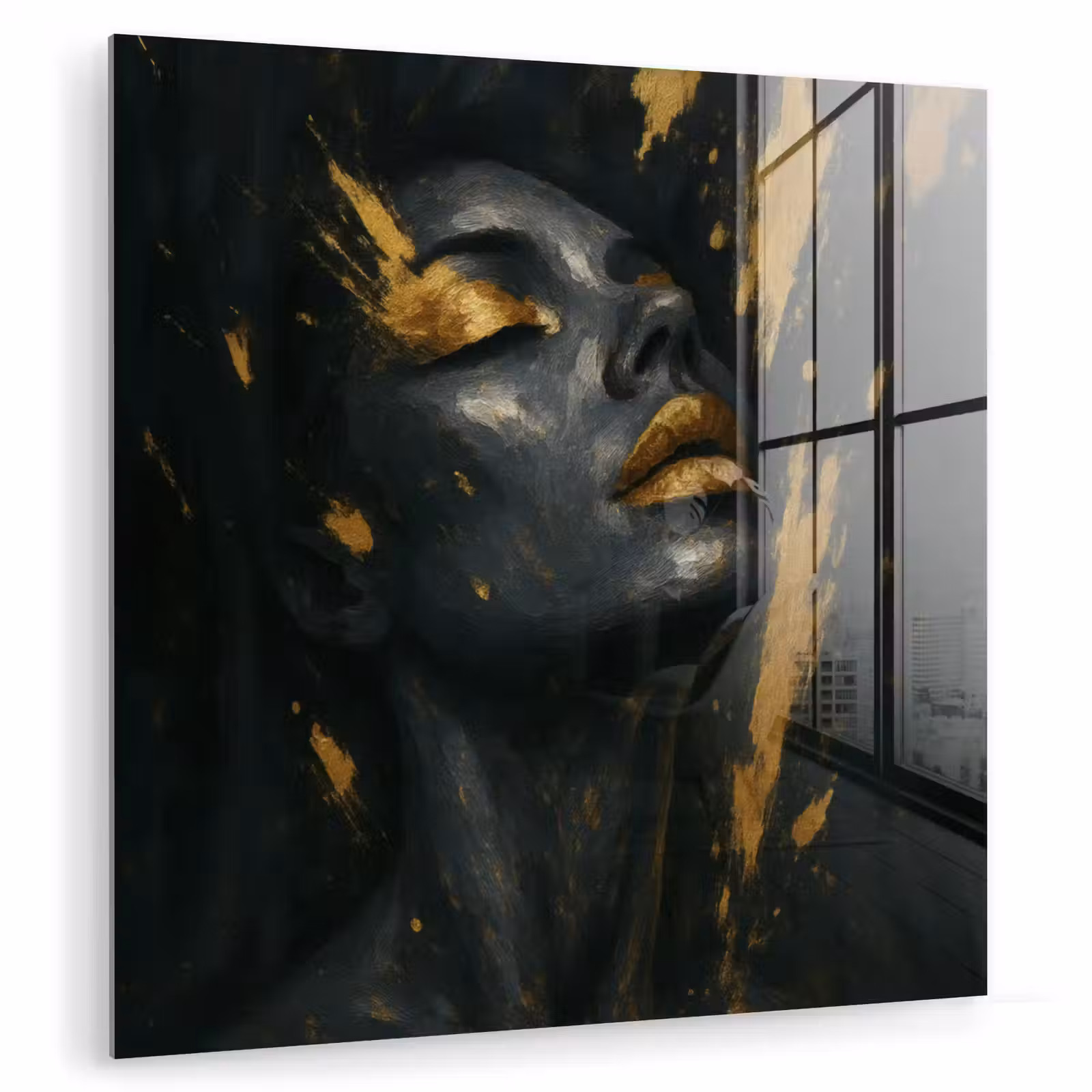 Glas schilderij - Gezicht - Vrouw - Verfspatten - Abstract — 1