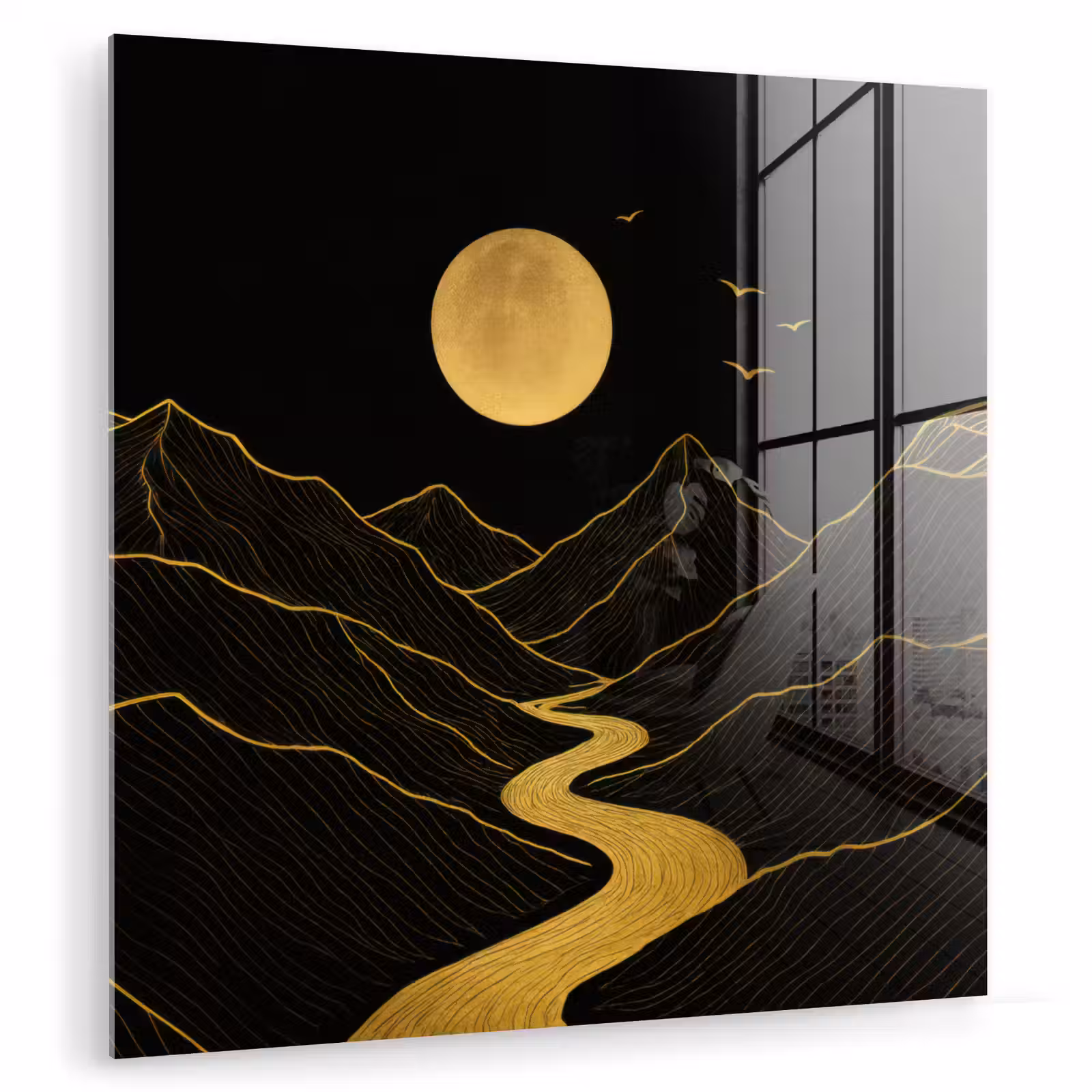 Glas schilderij - Rivier - Goud - Maan - Vogels — 1