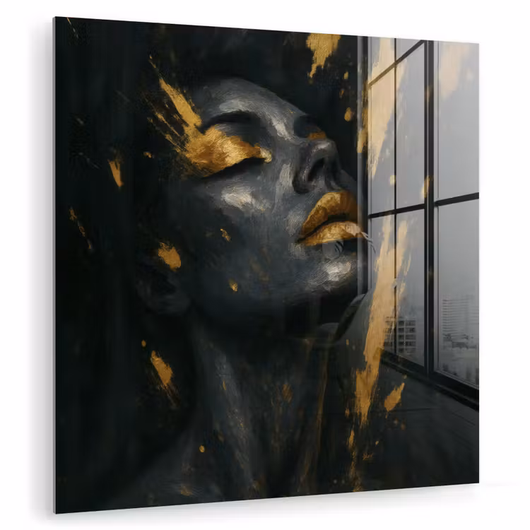 Glas schilderij - Gezicht - Vrouw - Verfspatten - Abstract — 1