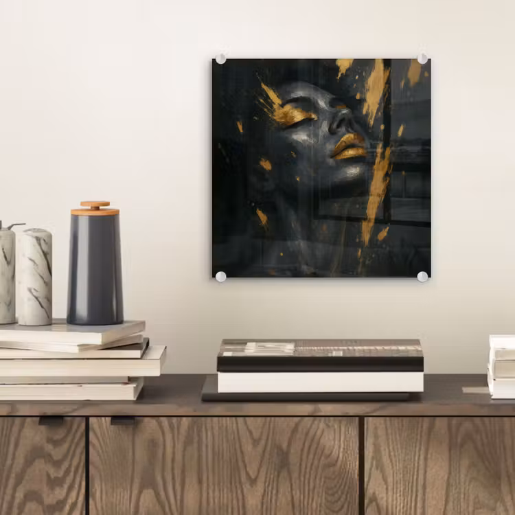 Glas schilderij - Gezicht - Vrouw - Verfspatten - Abstract — 2