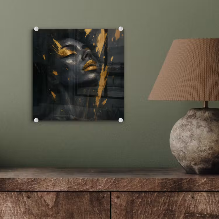 Glas schilderij - Gezicht - Vrouw - Verfspatten - Abstract — 4