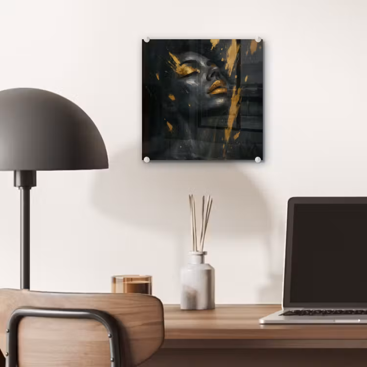 Glas schilderij - Gezicht - Vrouw - Verfspatten - Abstract — 7