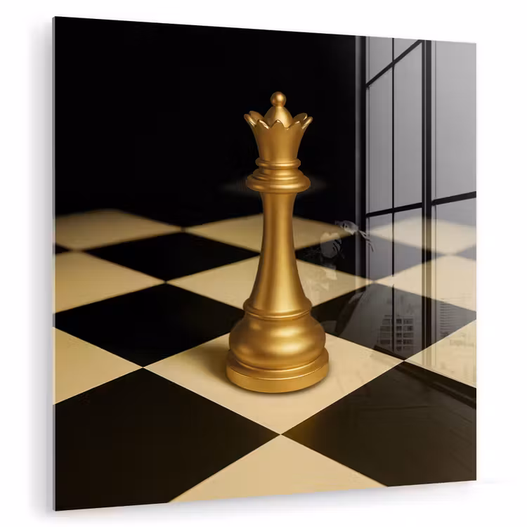 Glas schilderij - Koningin - Schaakstuk - Geblokt - Goud — 1